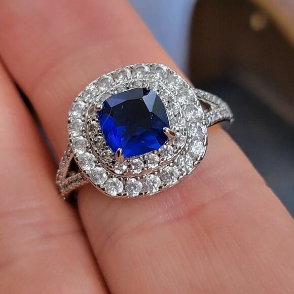 Rhodium Plated Simulated Sapphire Halo Ring - Size 7 - Double Halo Brilliance - Picture 4 of 11